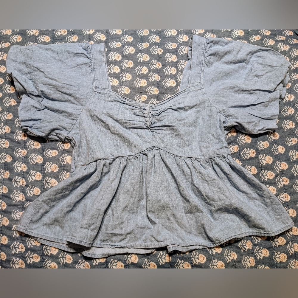 Old Navy Chambray Puff Sleeve Sweetheart Neckline Define Waist Top sz L - Picture 8 of 14